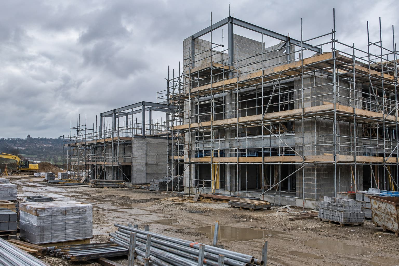 A partially built commercial structure on a UK construction site under scaffolding.