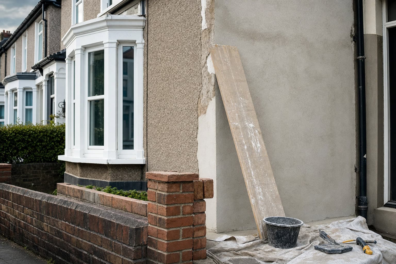 A UK house wall with an unfinished render repair and tools left on a dust sheet.