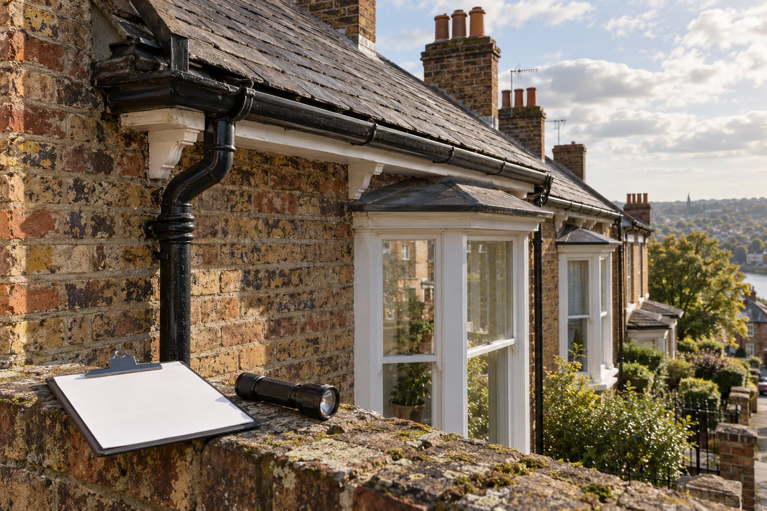 A surveyor’s view of a UK terraced house facade being inspected for defects during a condition survey.