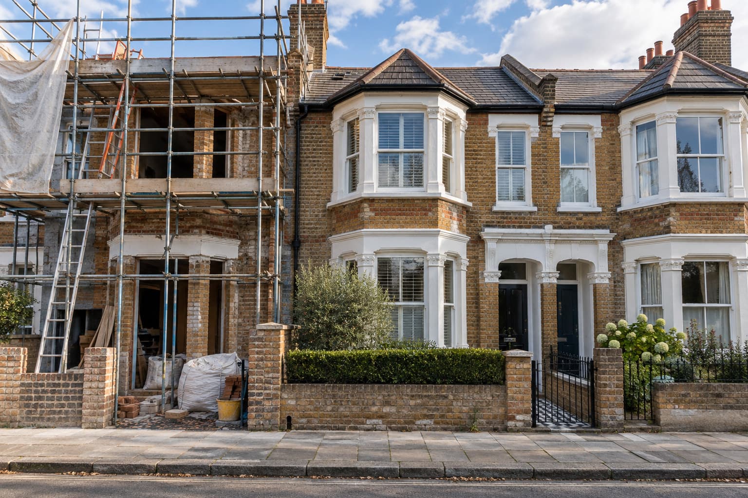 A UK house with scaffolding and unfinished building work on one side, photographed in daylight with no people present