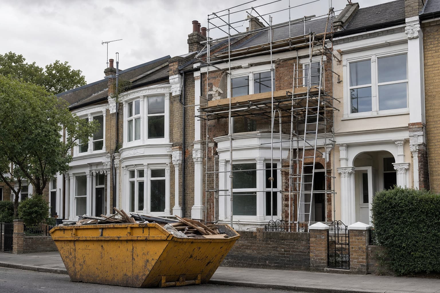A UK house under partial renovation with a skip outside on a grey day