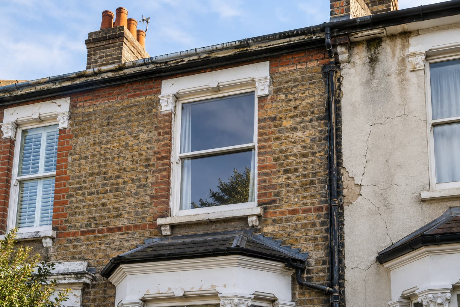 Exterior of a UK terraced house showing weathered brick and a cracked render section typical of items noted in a condition survey.