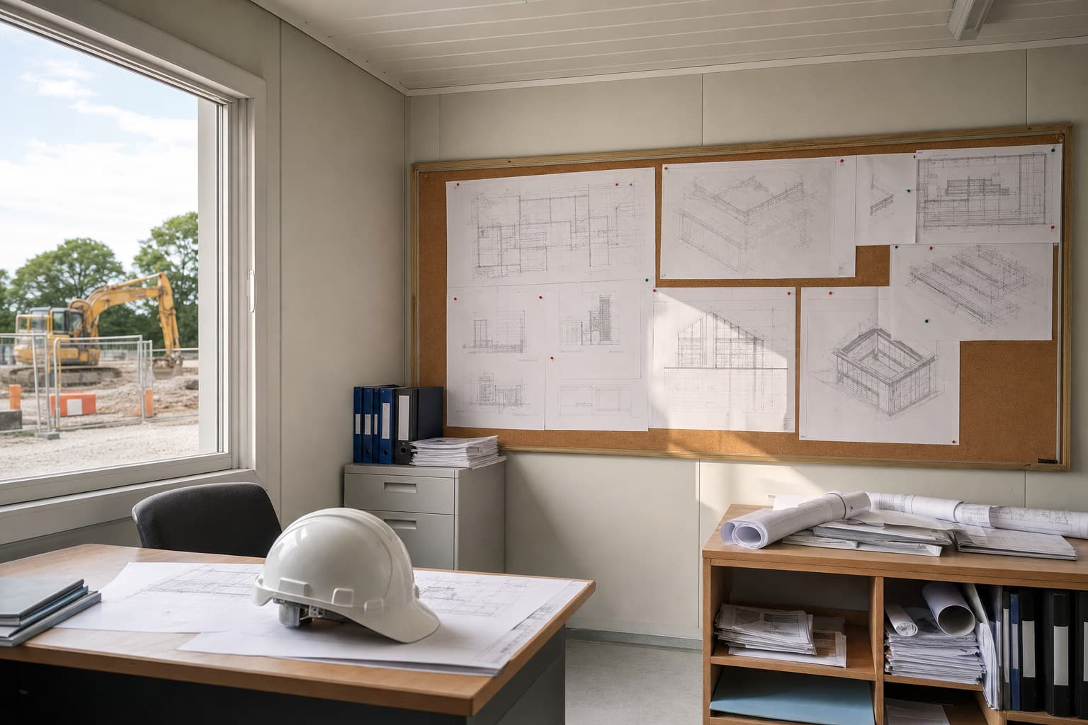 A site office desk with drawings and a hard hat, representing a construction contract dispute