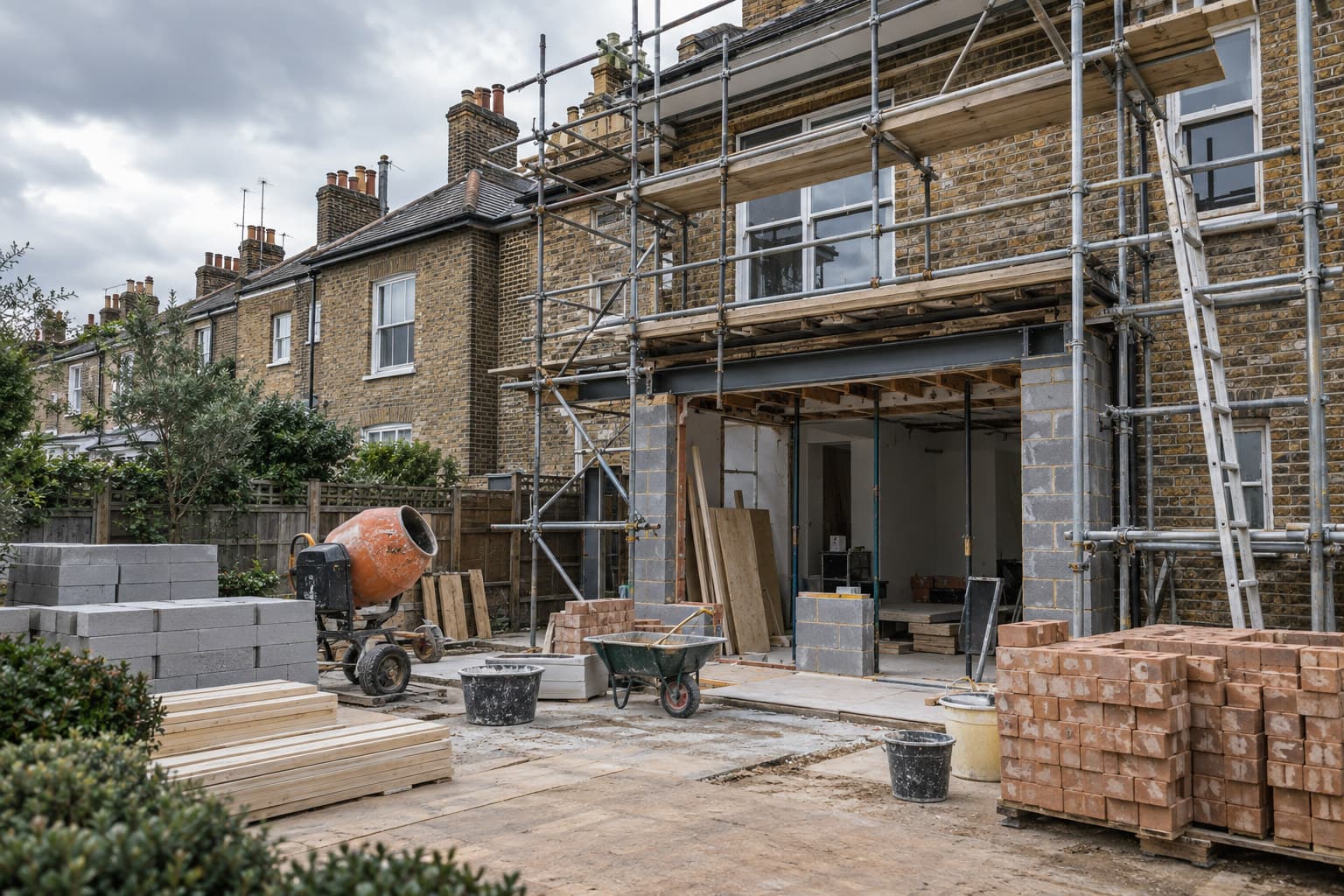 A UK residential building site with scaffolding and materials laid out, photographed under overcast daylight with no people present