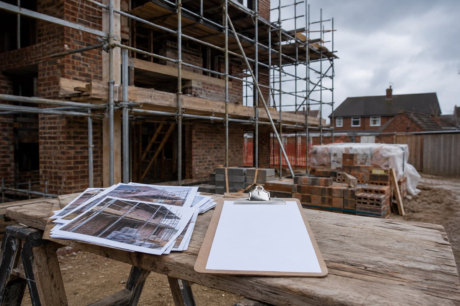 A UK building site with scaffolding and a clipboard of site photographs on a trestle table.