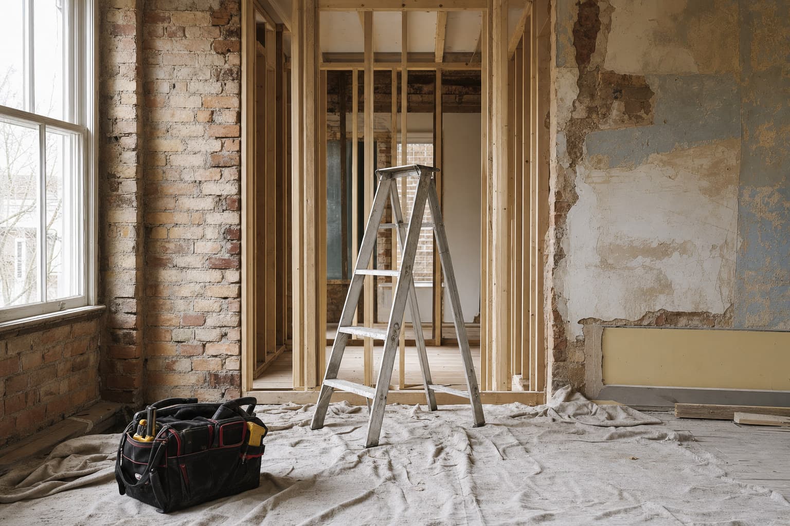 A partly renovated UK house interior with tools and a dust sheet, no people visible