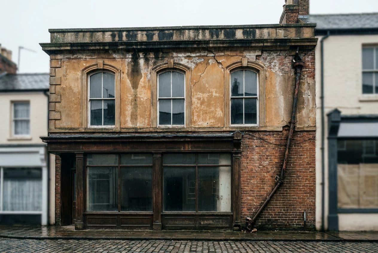 A Victorian commercial building facade with cracked render and a stained parapet on a UK high street.