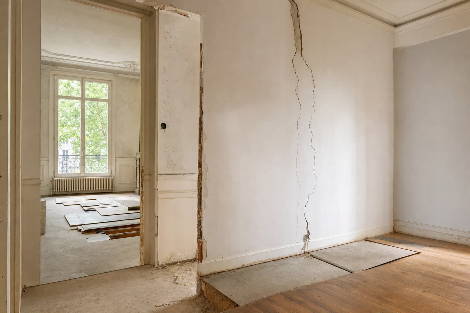 Mur fissuré dans une pièce en travaux, sans personne ni texte visible