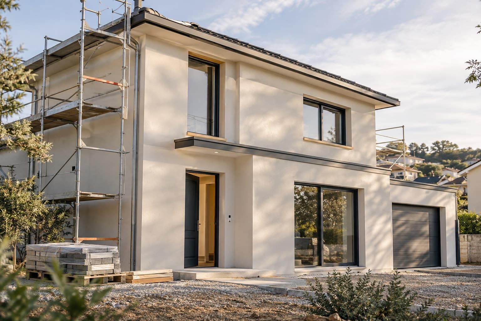 Façade d’une maison neuve en France au moment de la réception des travaux, sans personne visible