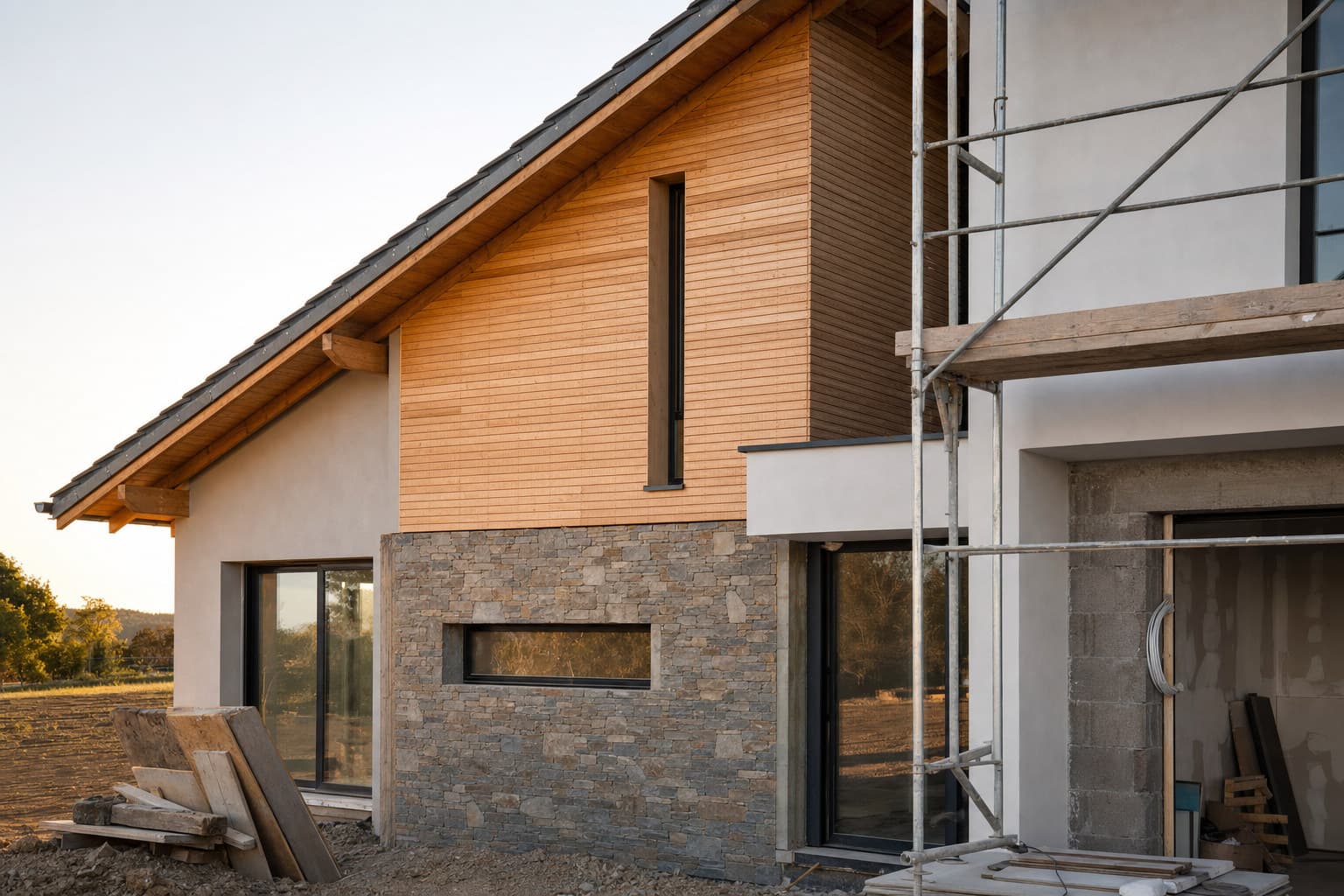 Façade d’une maison en fin de chantier, sans personne, illustrant la question de la garantie décennale