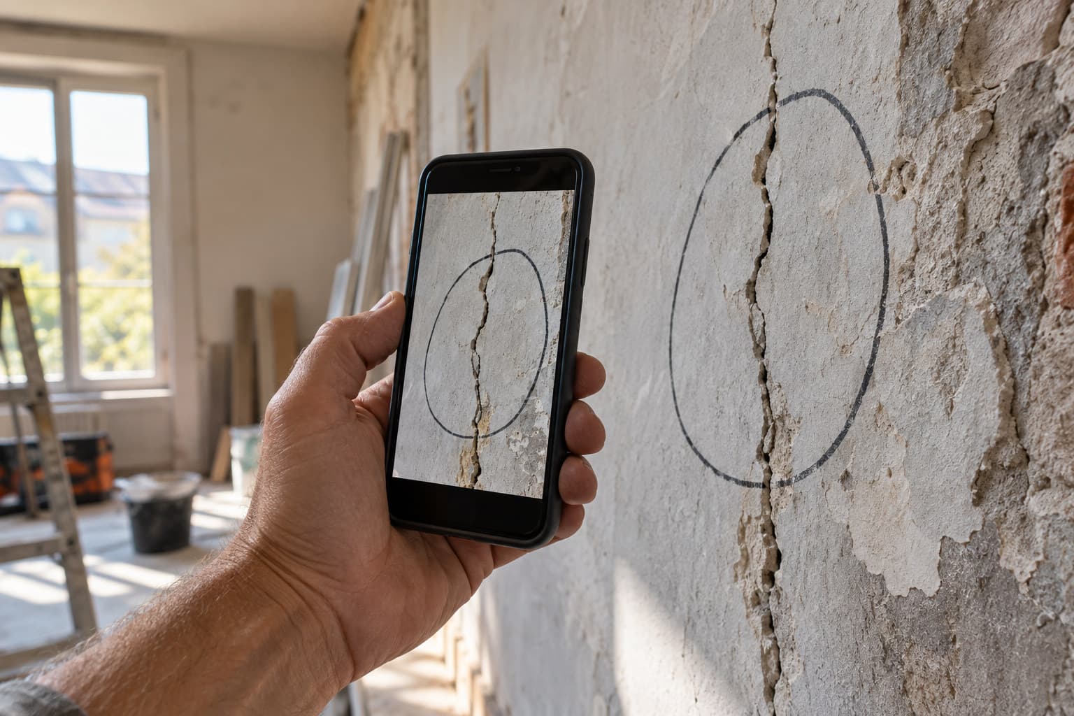 Un smartphone photographie une fissure entourée sur un mur de chantier pour documenter une réserve