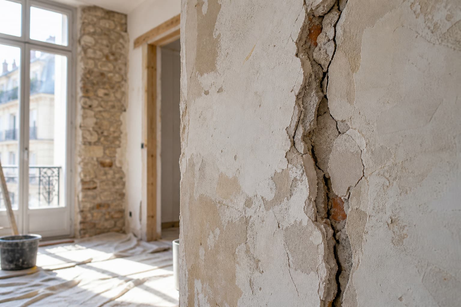 Détail d’une finition défectueuse sur un mur intérieur, photographié de près en lumière naturelle