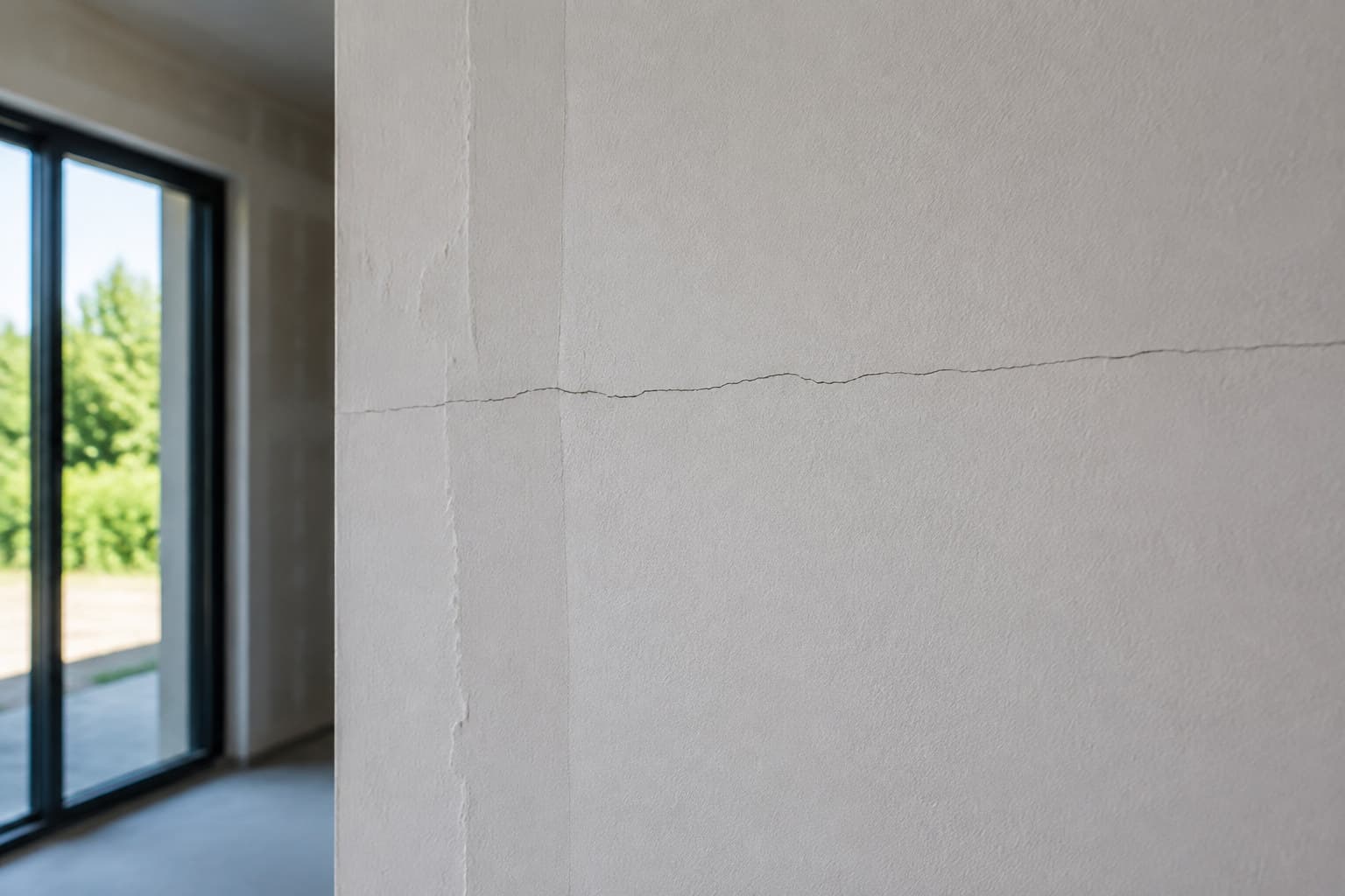 Mur intérieur d’une construction récente présentant une fissure fine visible dans la lumière naturelle