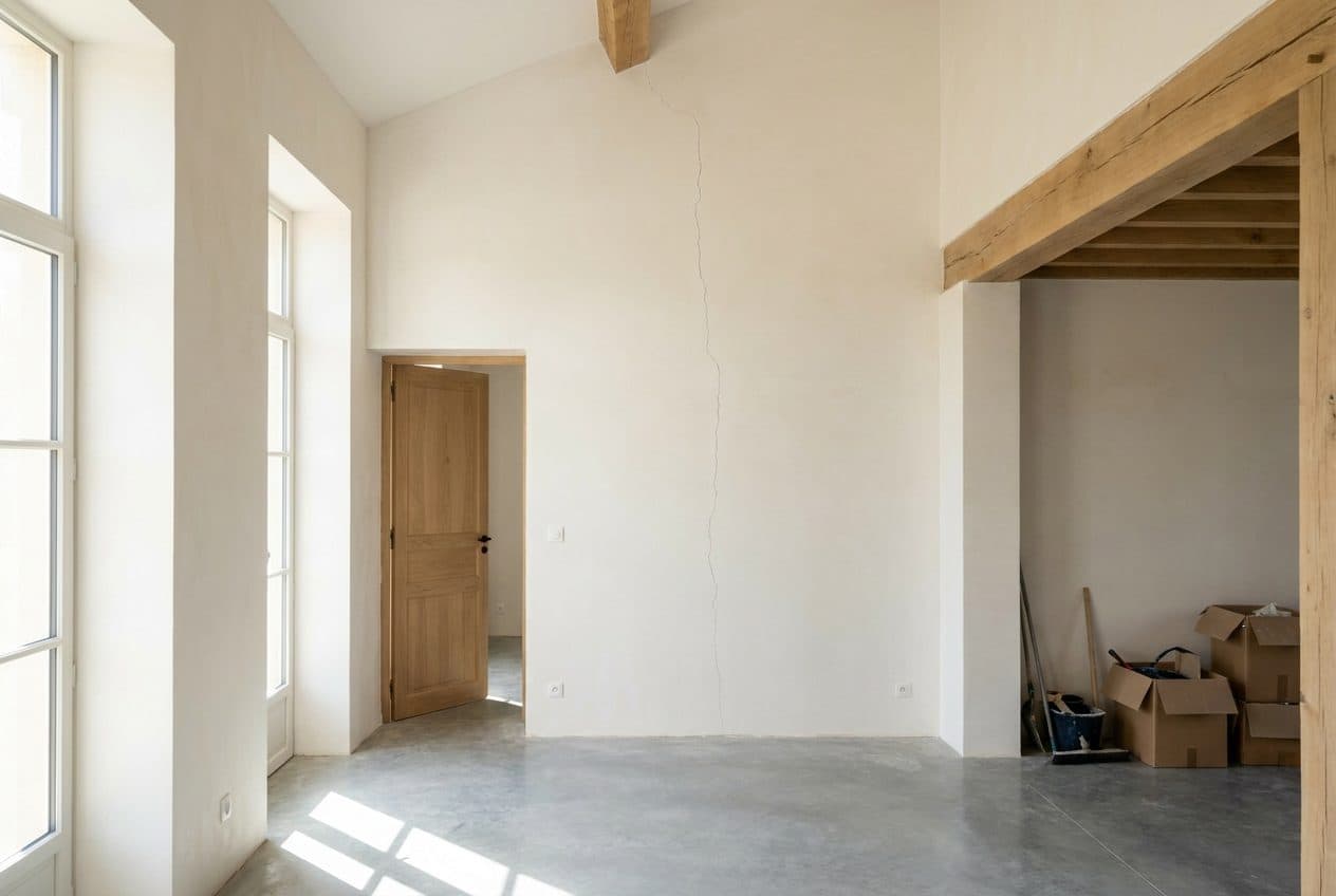 Pièce en fin de chantier avec une fissure visible sur un mur clair.