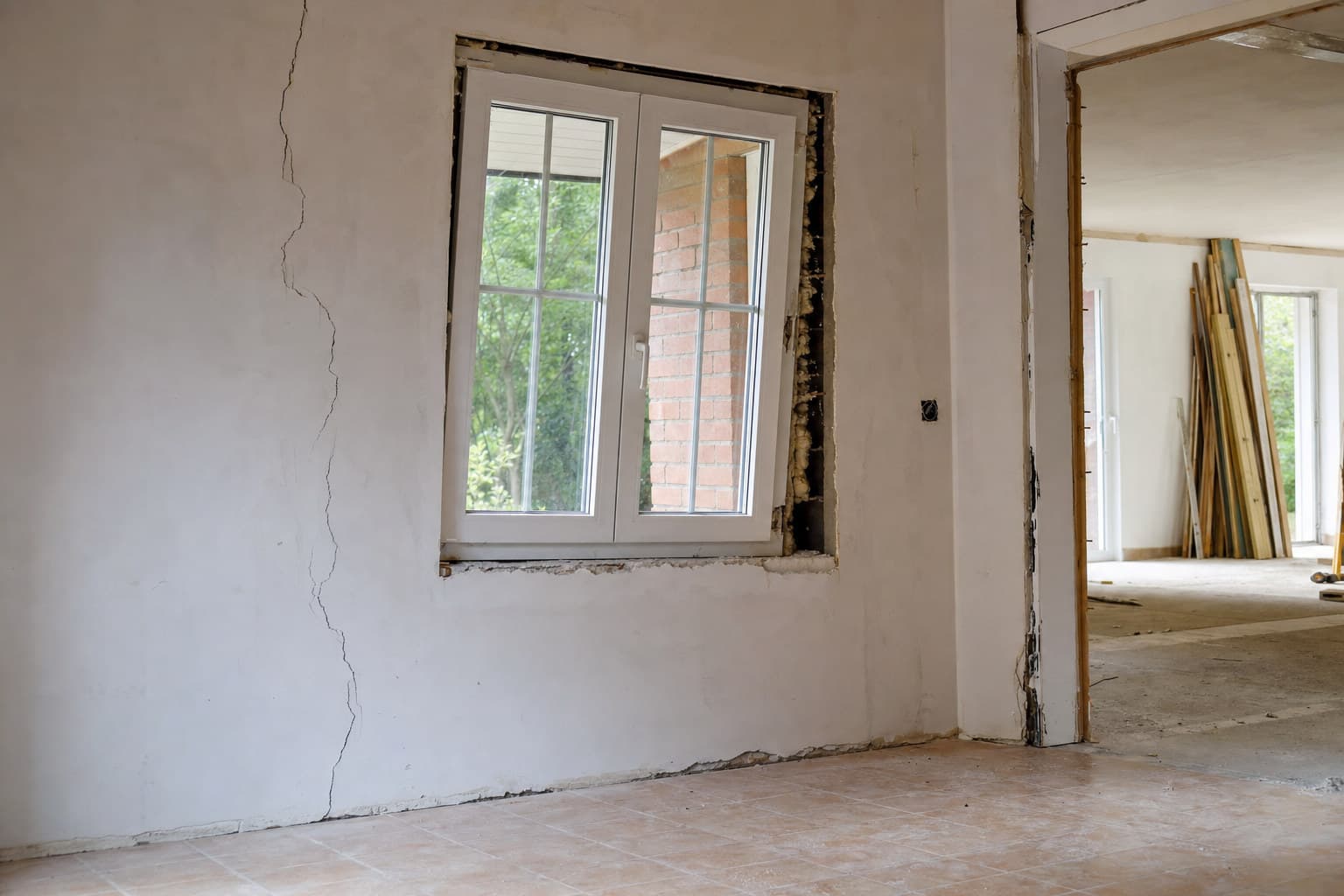 Mur intérieur avec une fissure et une fenêtre en cours de finition dans un logement en travaux