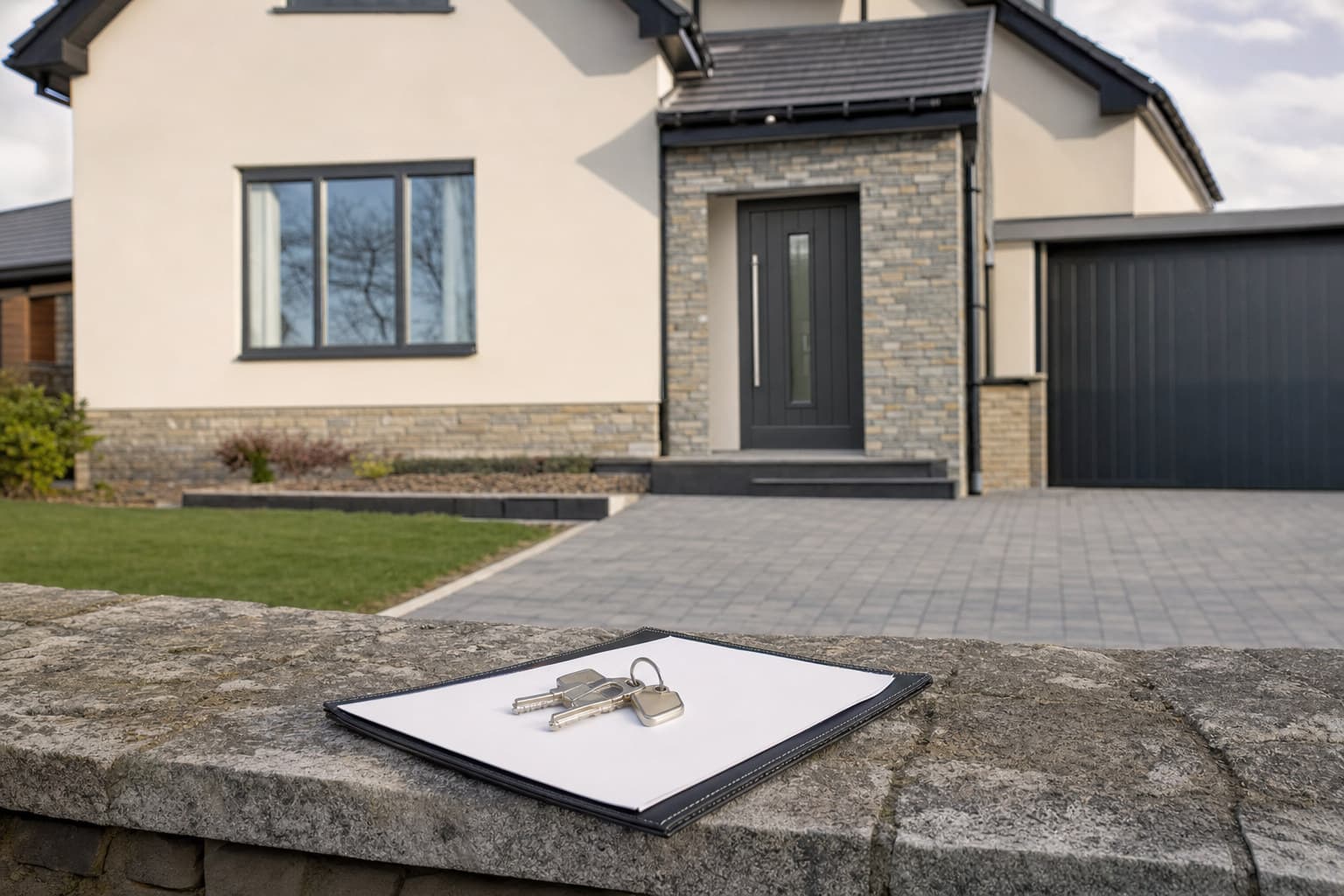 A newly completed UK new build house with a clipboard resting on the garden wall outside the front door.