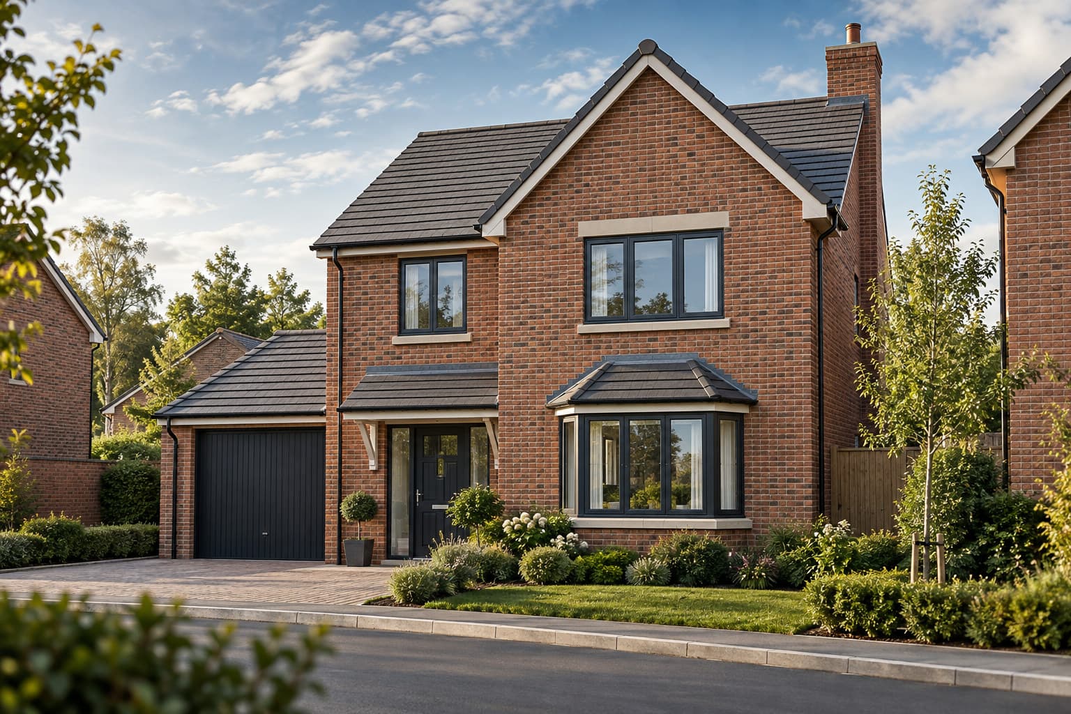 Exterior of a new-build UK home on a development street with no people visible