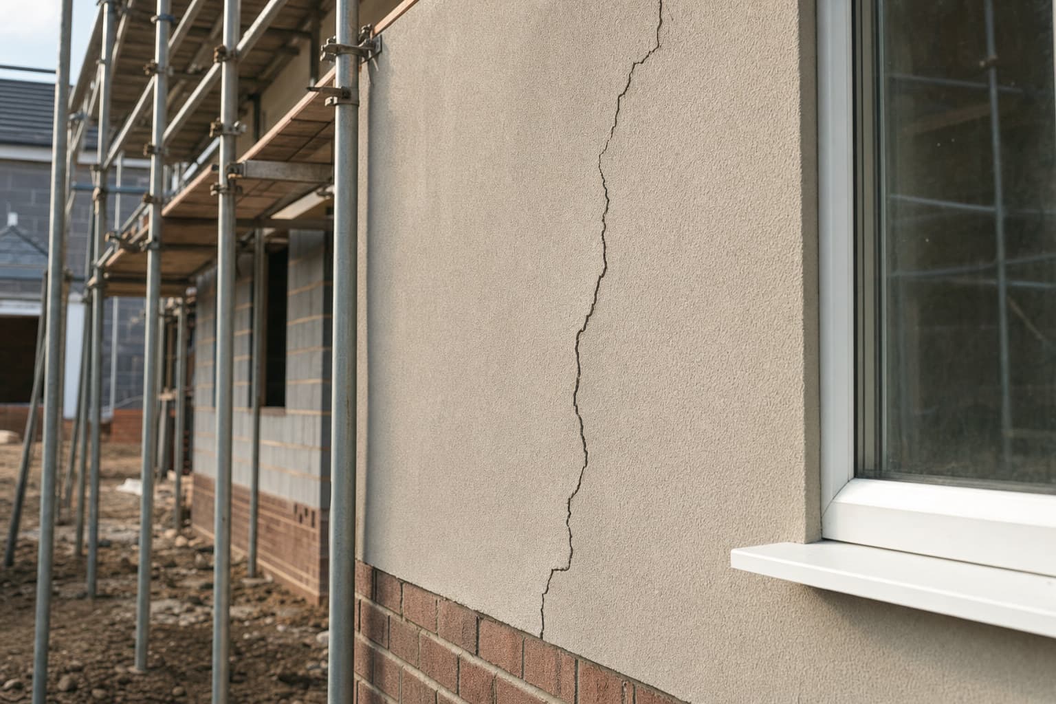 A smartphone camera framing a defect on a UK new build property facade during a site inspection.