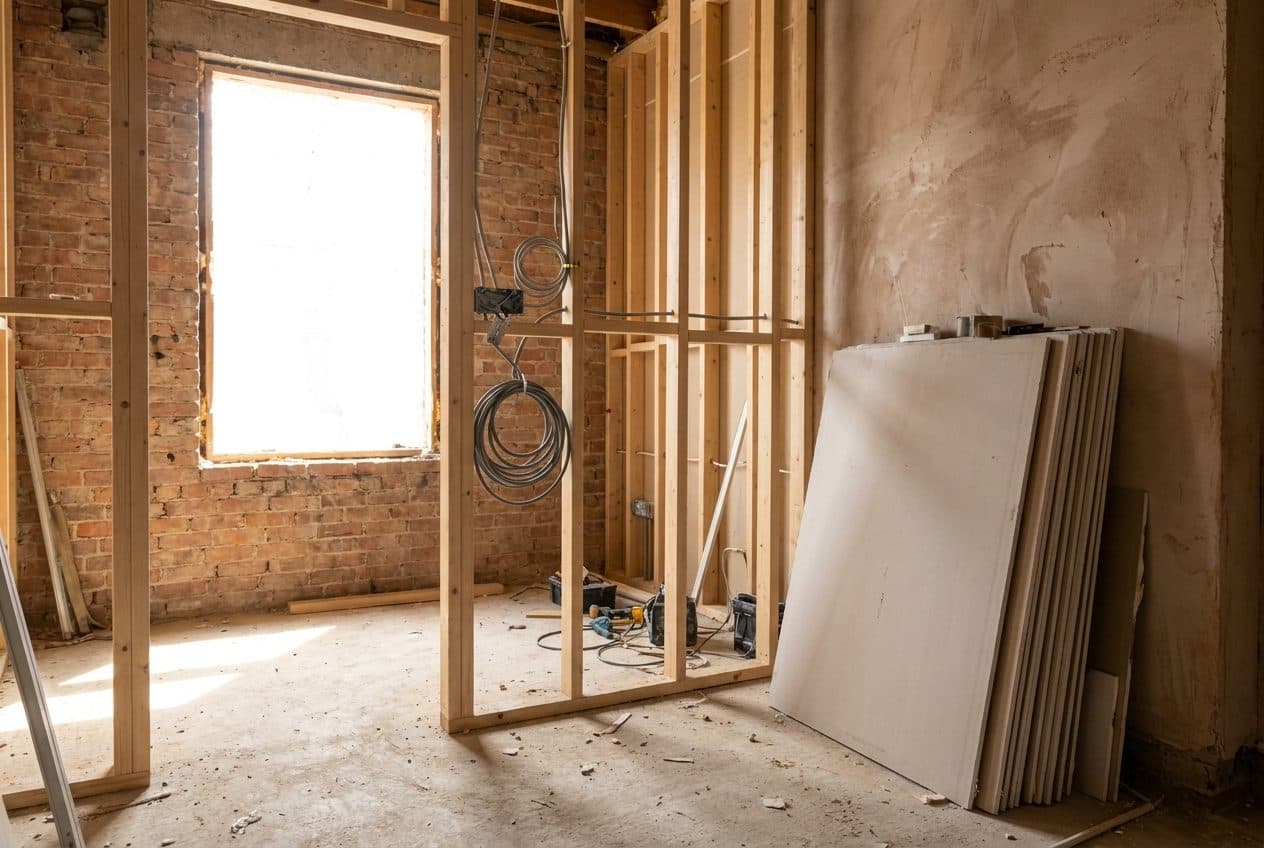 A partially fitted-out room on a UK building site showing exposed studwork and building materials