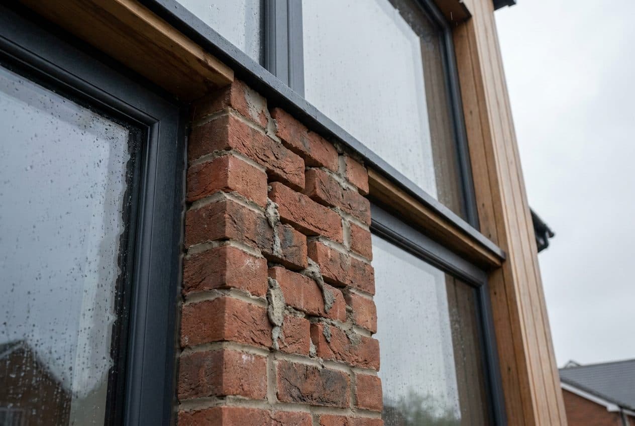 Exterior brickwork and a window frame on a UK new-build house during a site inspection