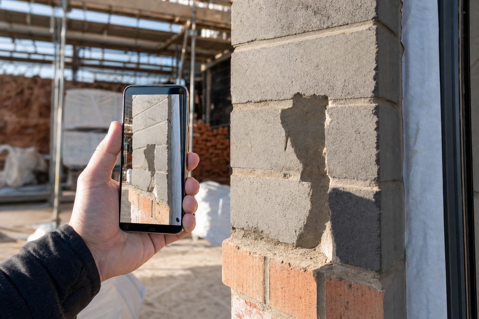 A smartphone photographing a wall defect on a UK construction site during a contractor’s walkaround.