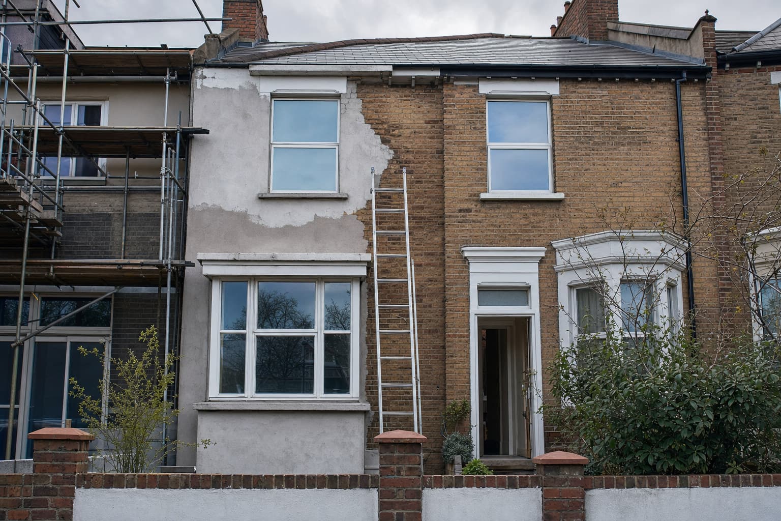 A UK house with scaffolding and an unfinished render patch on the wall
