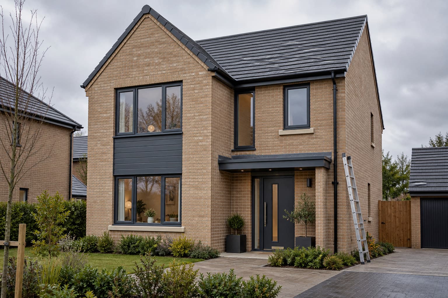 A UK new-build house exterior with a stepladder resting against the wall during a morning inspection