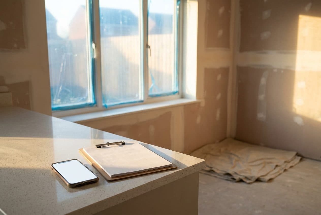 A clipboard and phone on a kitchen worktop in an unfinished new build, morning light through bare windows