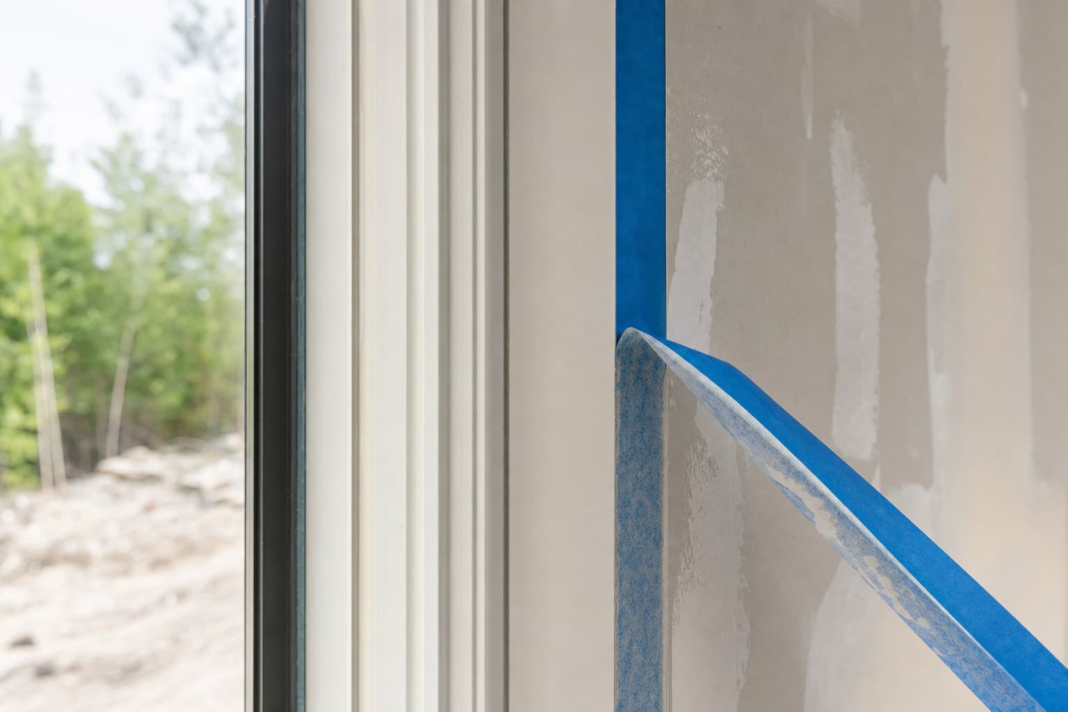 A piece of blue painter’s tape half peeled off a section of drywall near a window frame.