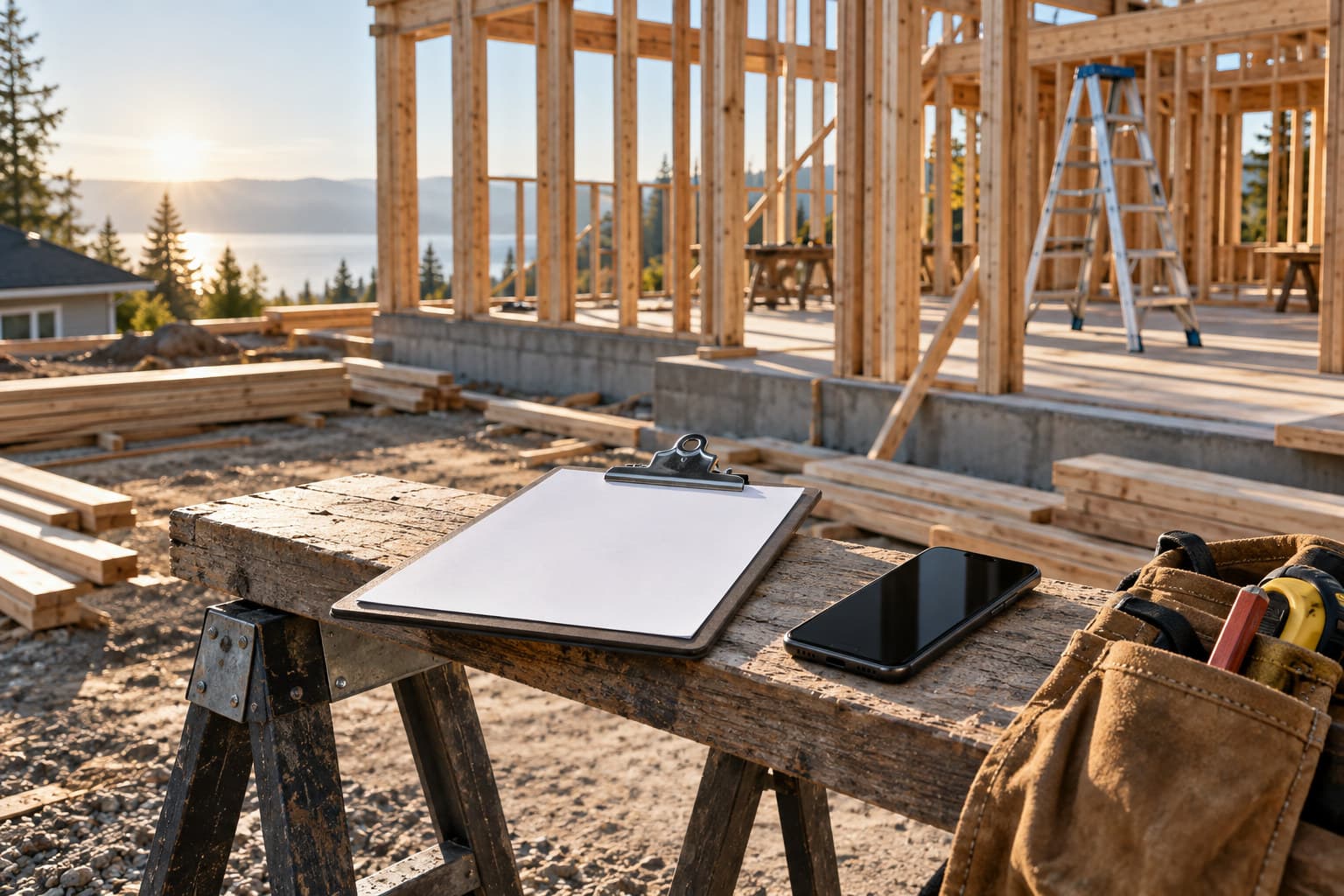 A clipboard and phone resting on a sawhorse at a construction site with framing visible in the background