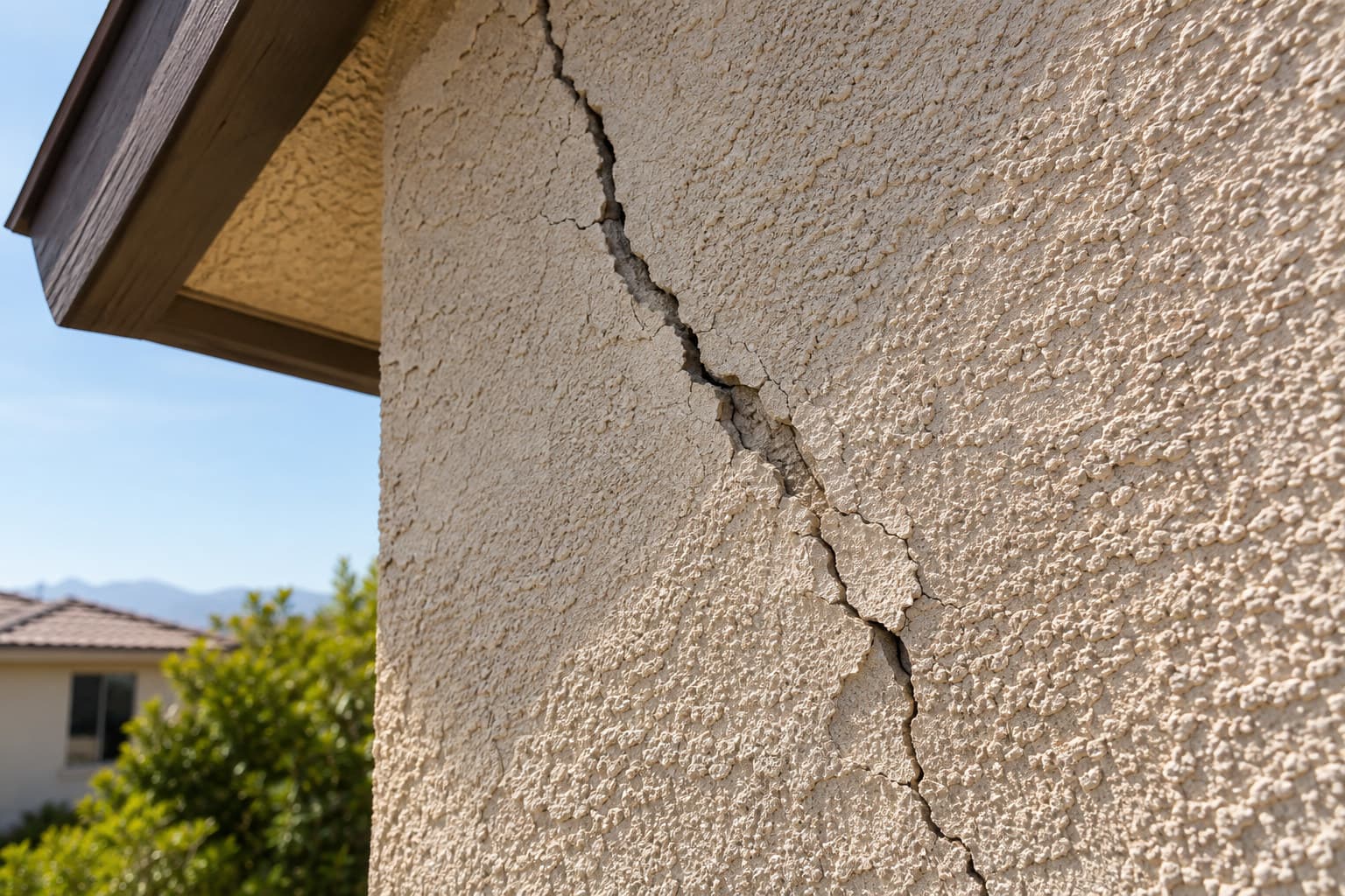 A close-up photograph of a construction defect on the exterior wall of a house.
