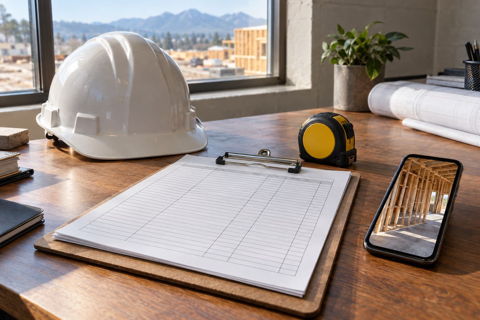 A construction site desk with a daily log, tape measure and phone displaying a job site photo.