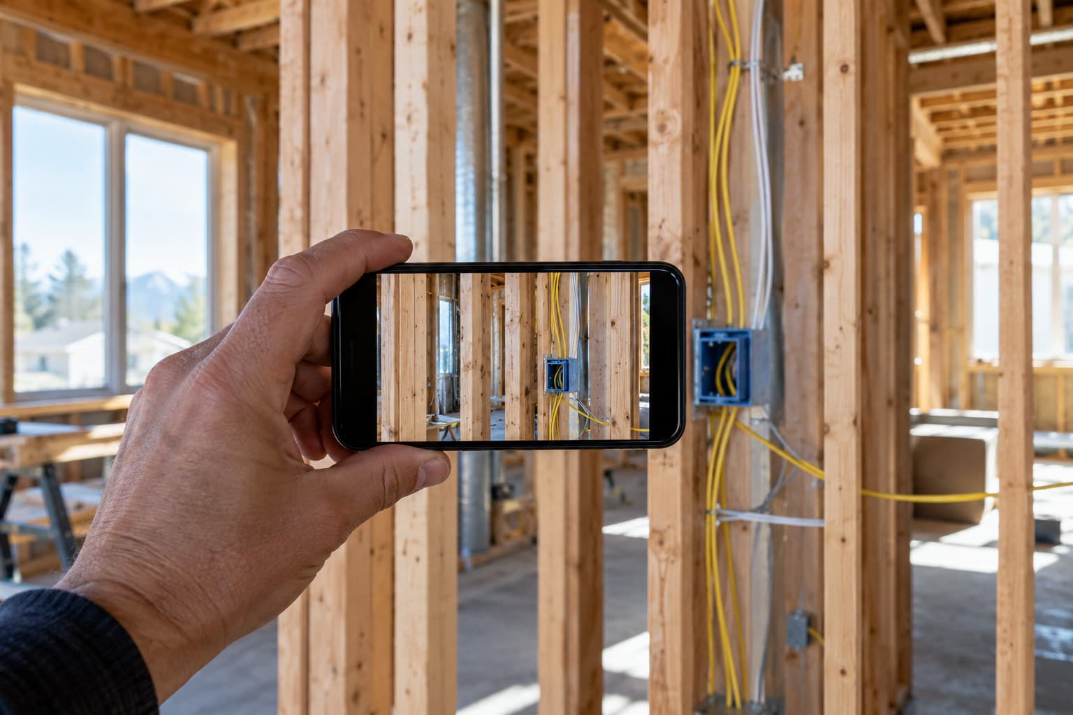A phone camera framing exposed wall framing and rough wiring during a mid-construction walkthrough