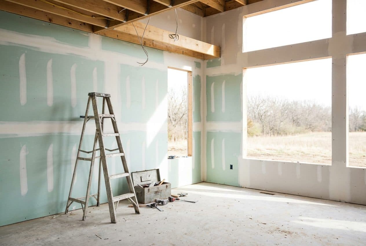 An unfinished interior room mid-construction with taped drywall, a ladder, and scattered tools.