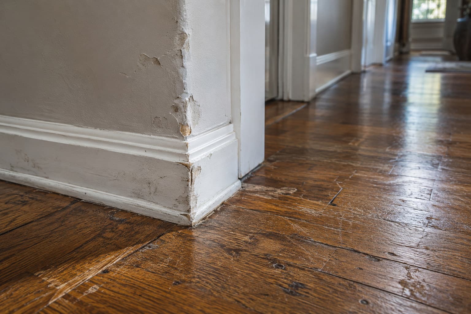 A damaged hardwood floor and dented drywall corner in a home hallway, shown in natural light.