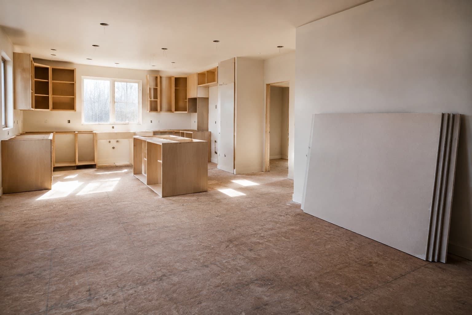 A partially renovated kitchen with exposed subfloor and stacked drywall sheets, showing work in progress on a home project.