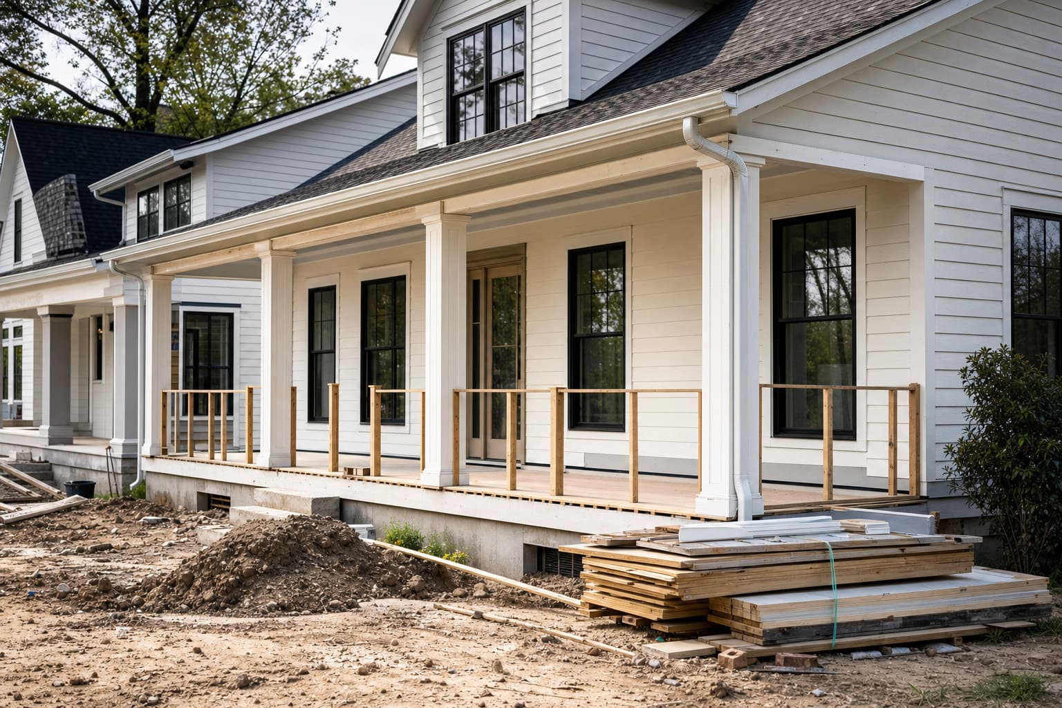 Exterior of a house showing unfinished construction work with materials stacked nearby