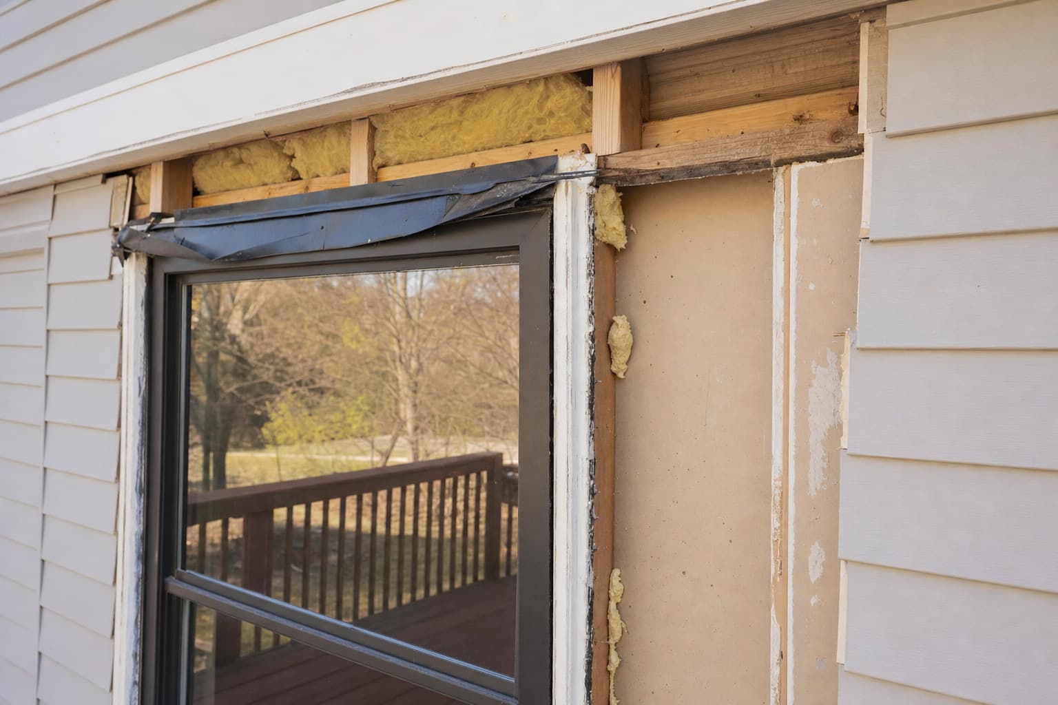 A residential wall under renovation with visible drywall seams and gaps around a window frame.