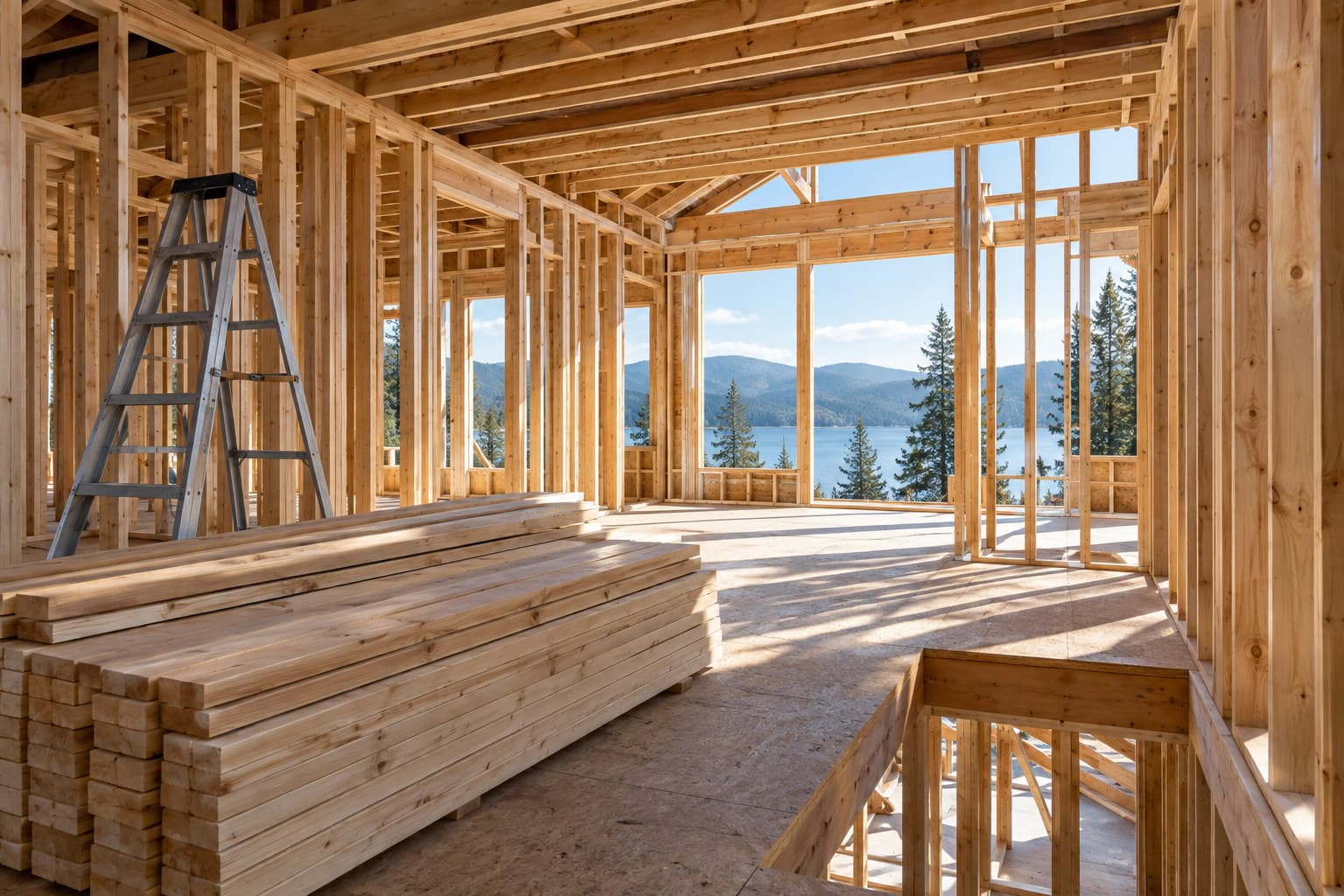 A framed residential construction site with lumber and a ladder, showing a project mid build