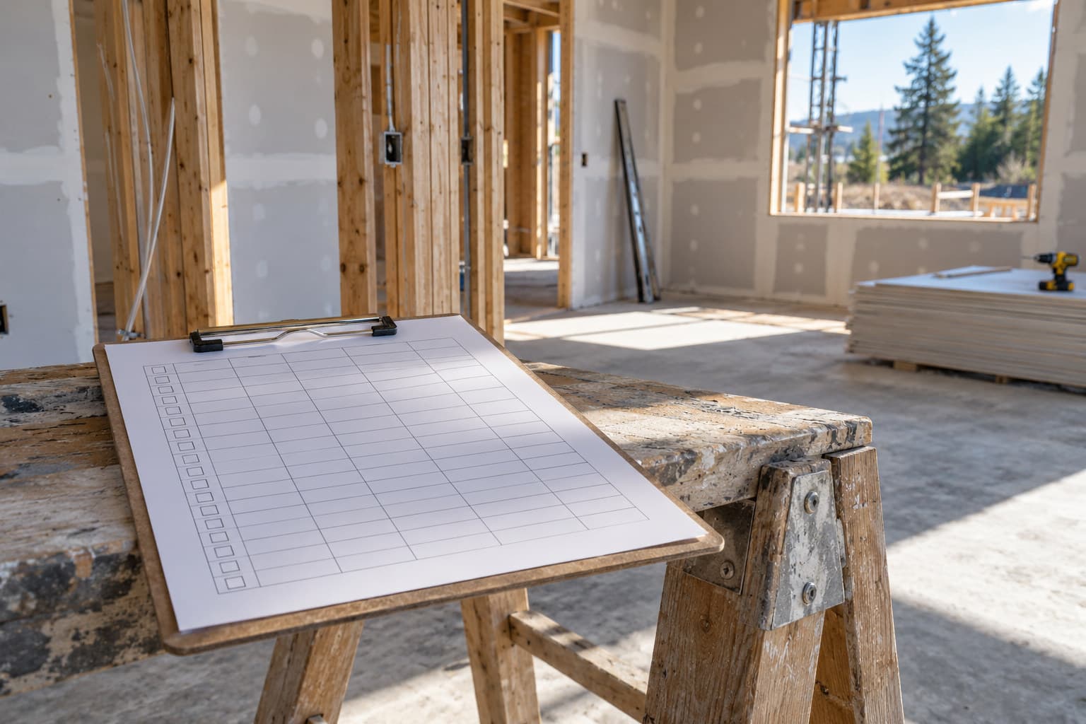 A printed spreadsheet punch list resting on a sawhorse inside a house under construction.