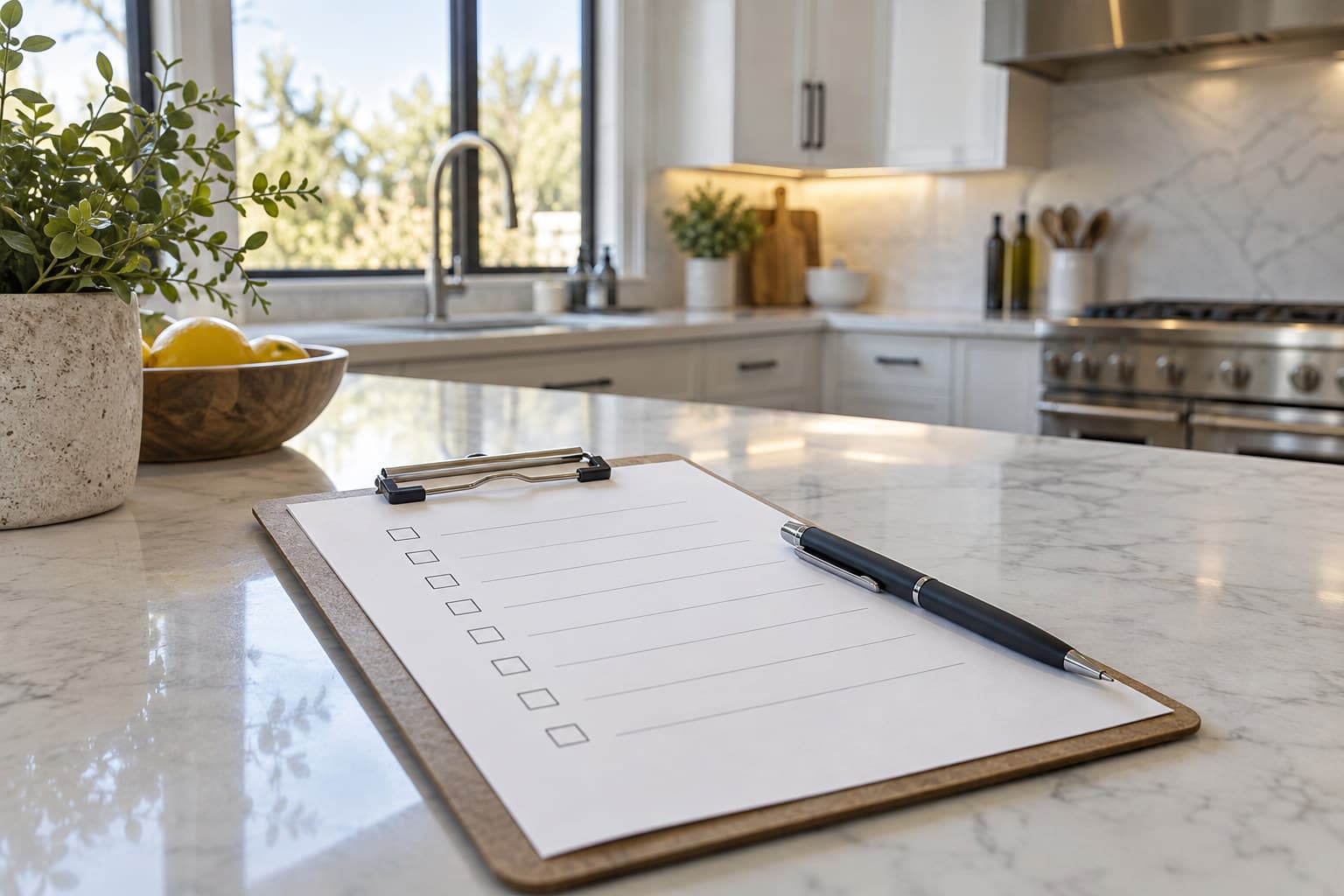 A clipboard holding a punch list rests on a kitchen counter in a newly built home.