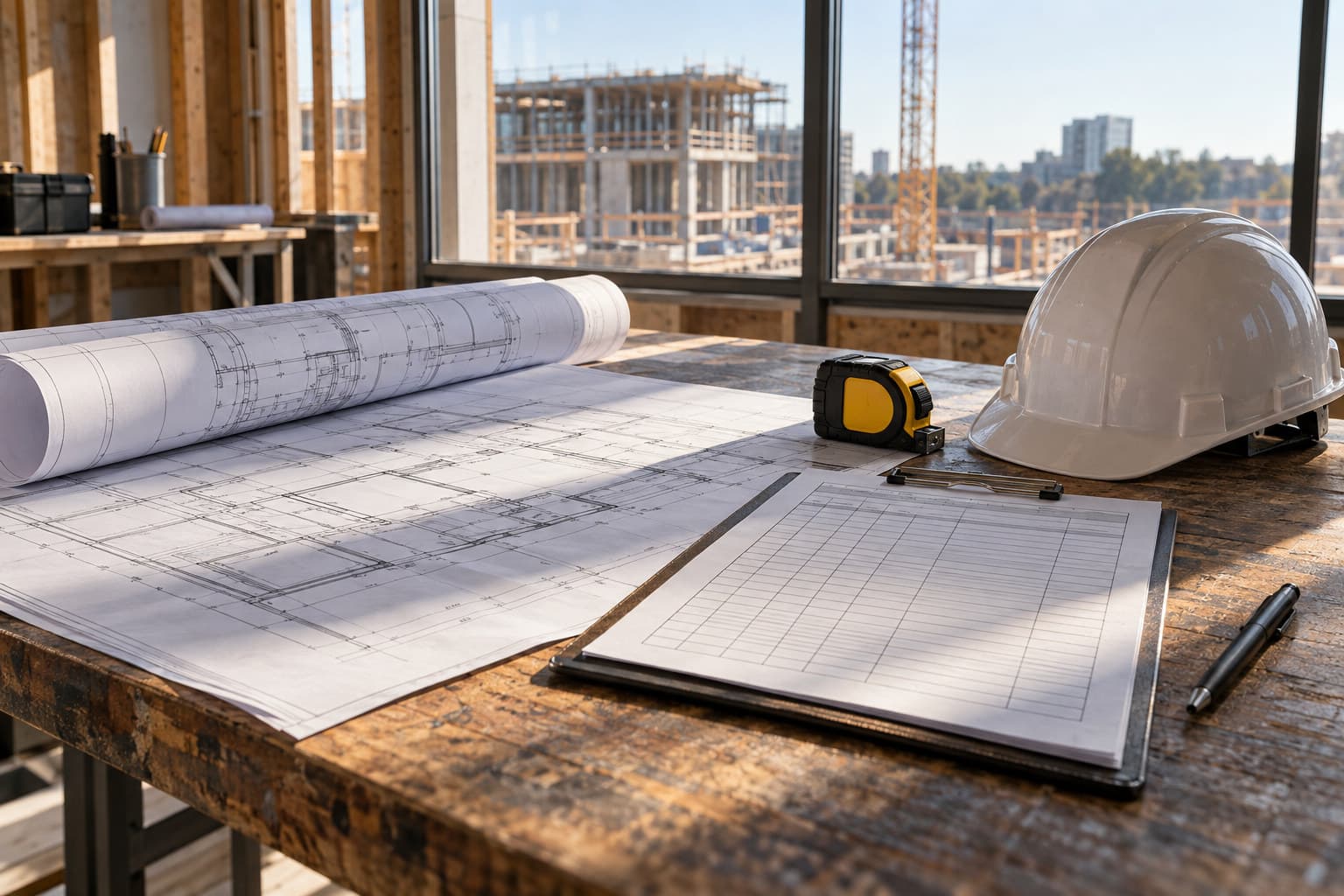 A contractor’s site office table with blueprints, a clipboard, and a hard hat used for tracking a schedule of values.