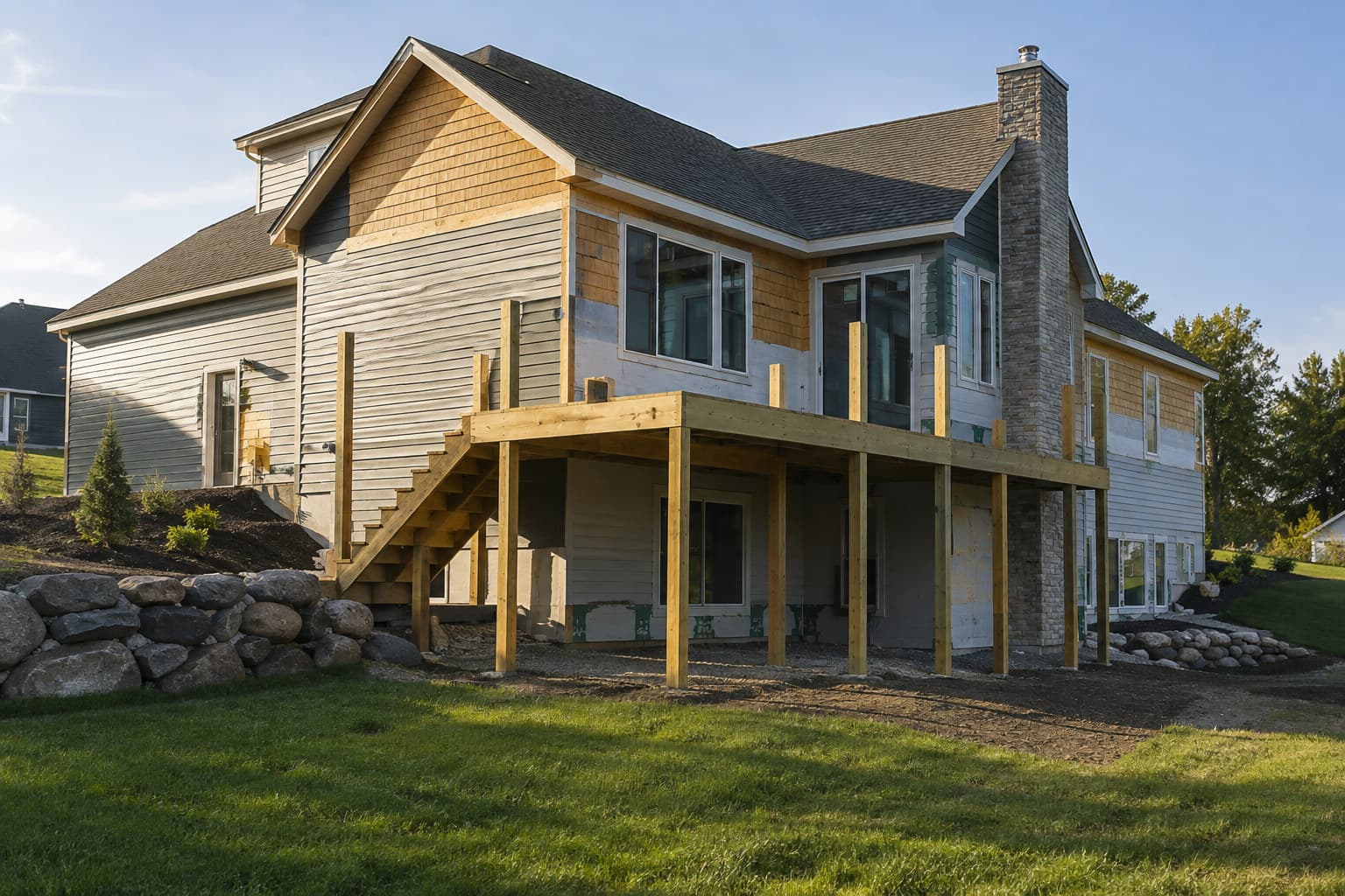 A suburban home exterior showing an unfinished construction detail typical of a contractor dispute.