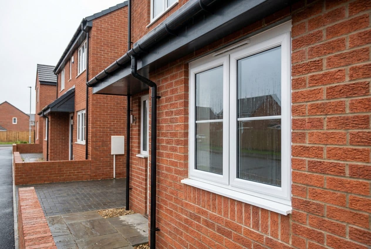 Exterior of a new-build UK house showing brickwork, guttering and a window frame, the kind of detail checked on a snagging list