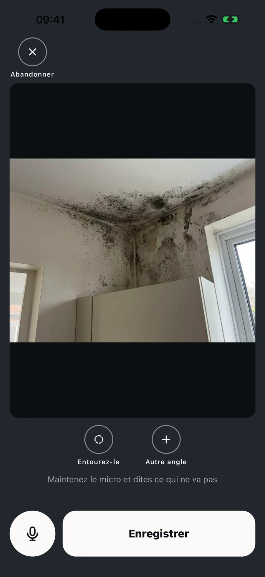 Écran de prise de vue de l’app iPhone SayScope avec une photo et le micro pour ajouter une note vocale.
