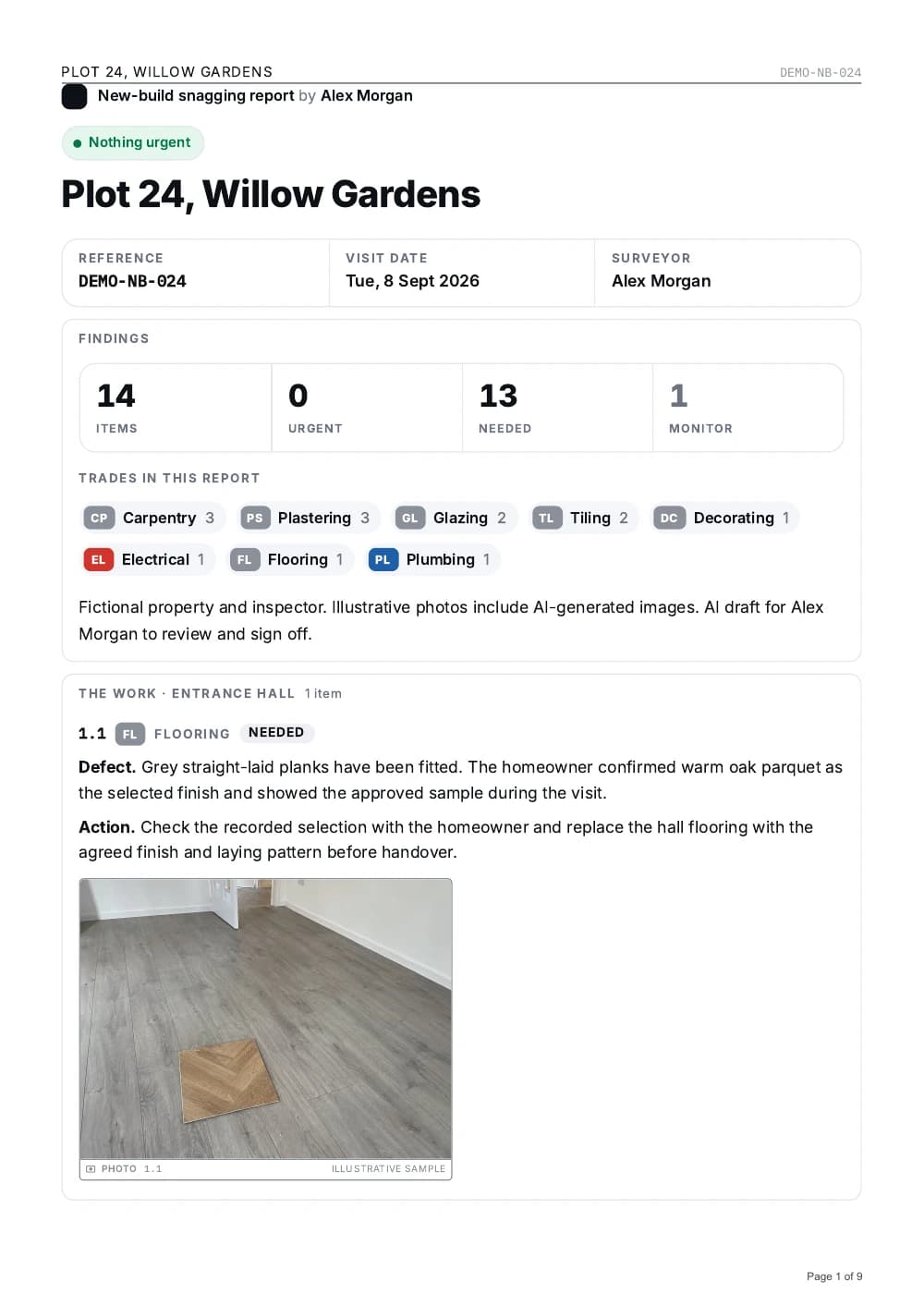 First page of a SayScope new-build snagging report, including the incorrect flooring observation and its photo.