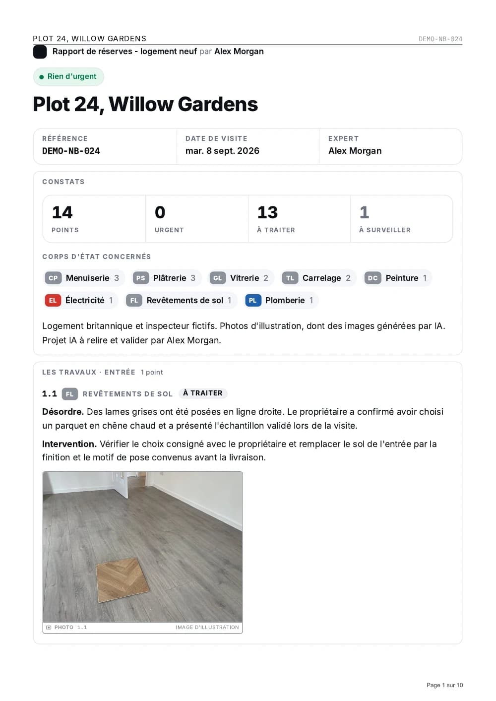 Première page d’une liste de réserves SayScope pour un logement neuf, avec le constat du revêtement de sol non conforme et sa photo.