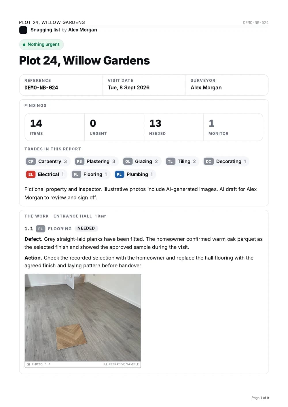 First page of a SayScope new-build snagging report, including the incorrect flooring observation and its photo.