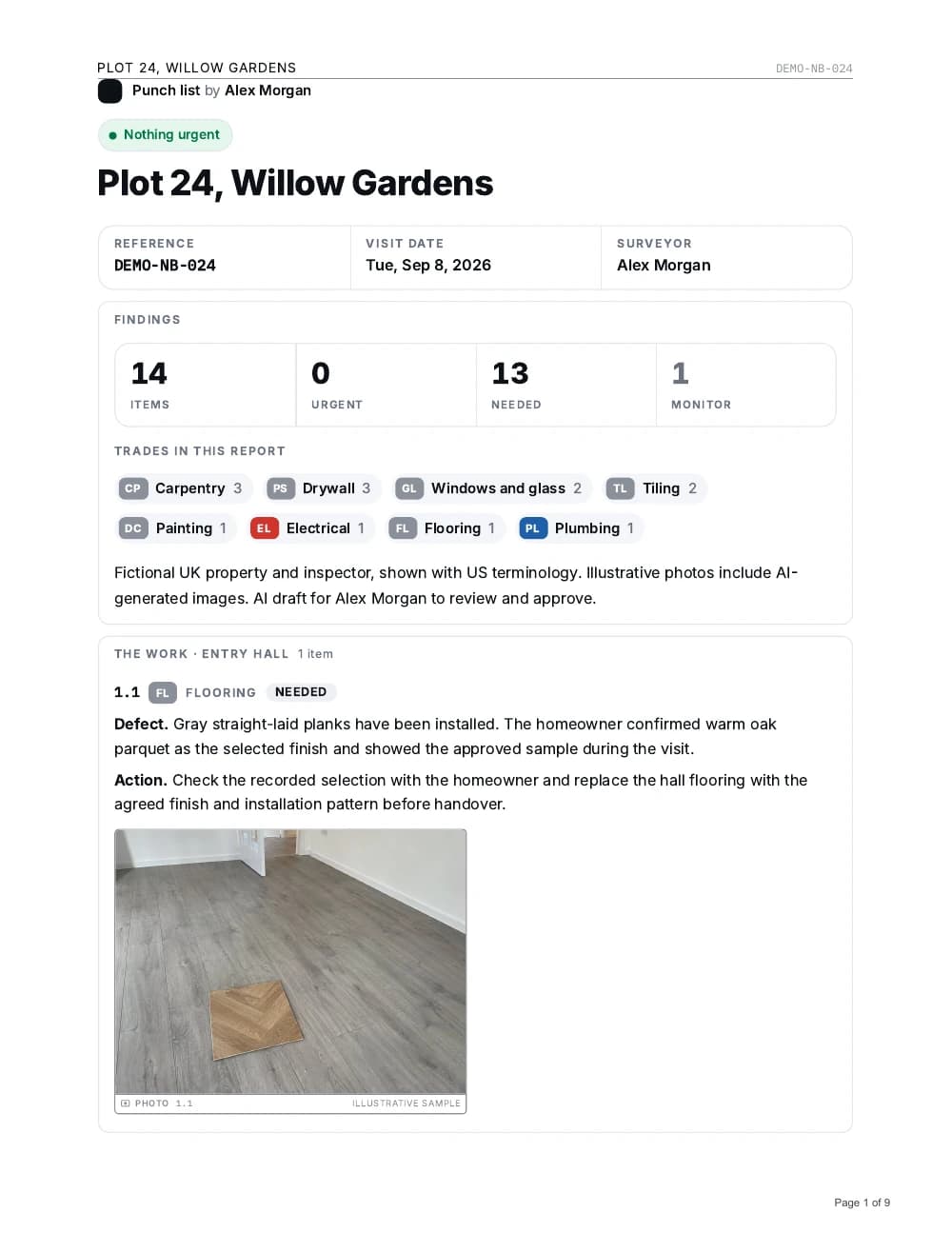 First page of a SayScope new-home punch list, including the incorrect flooring observation and its photo.