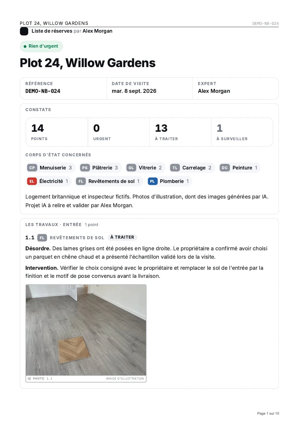 Première page d’une liste de réserves SayScope pour un logement neuf, avec le constat du revêtement de sol non conforme et sa photo.